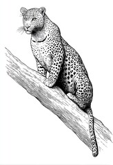 A detailed black and white illustration of a leopard perched atop a tree branch, showcasing intricate line work and the animal's elegant form.