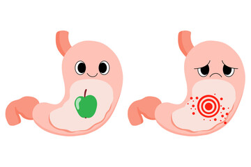 Cartoon Stomach. Healthy and ailing stomach. Cartoon internal organs. Gastritis and inflammation. Improper diet, acid, infection. Stock vector illustration isolated on white background.