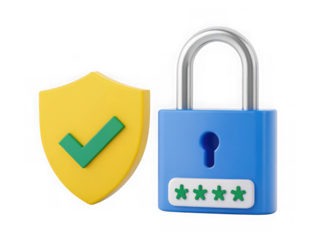 Blue padlock with a yellow shield and green checkmark, isolated on transparent background