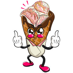 waffle ice cream with chocolate and sprinkles mascot raising two middle finge, work of hand drawn