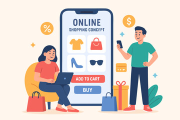 Young couple shopping online with mobile payment and discount.
