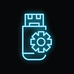 Neon usb flash drive icon glowing on black background, concept for data storage or transfer