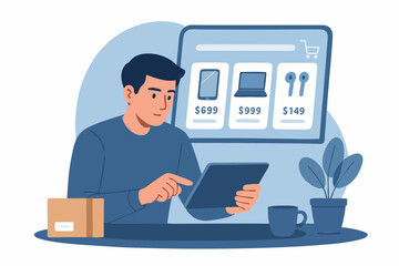 Flat illustration of a man shopping online with tablet, comparing product prices in ecommerce store.
