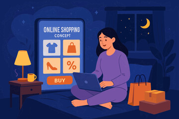 Illustration of woman shopping online with laptop at night, browsing ecommerce sales and discounts.