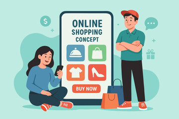 Flat design illustration of a couple shopping online with big ecommerce app screen, showing clothing and accessories.
