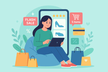 Vector illustration of a woman shopping online with tablet, browsing flash sale offers and ecommerce deals.