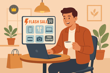 Flat illustration of a man shopping online with laptop, viewing flash sale offers and digital discount banners in ecommerce application.