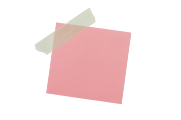 pink sticky note secured with tape isolated on white background
