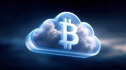 A digital cloud featuring the Bitcoin symbol, symbolizing cryptocurrency and cloud computing technology.