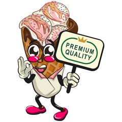 waffle ice cream with chocolate and sprinkles mascot carrying a sign board that says premium quality while giving an okay sign, work of hand drawn
