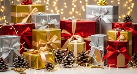 "Festive Christmas & New Year Background with Gifts and Pine Decorations"