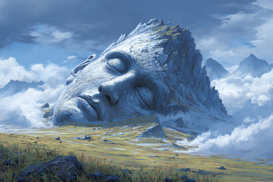 Ancient Sentinel: A surreal and majestic mountain range is reshaped into a giant serene face, overlooking a vast, ethereal landscape, painted with a calming blend of blues and greens.