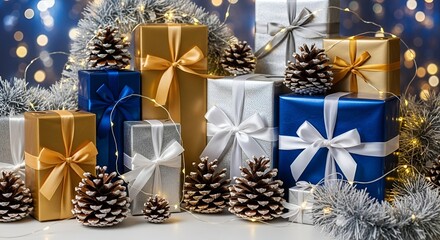 "Festive Christmas & New Year Background with Gifts and Pine Decorations"