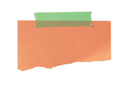 orange torn memo pad held by green tape isolated on white background