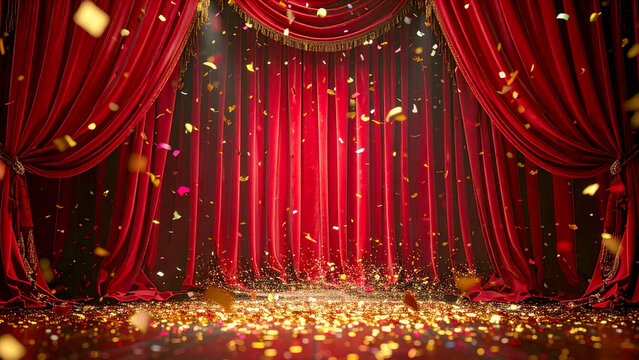 Gritty luxurious red presentation stage curtain with falling confetti under spotlight symbolizing celebration, victory, and transformation 

