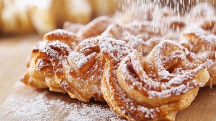 Freshly Baked Pastry with Powdered Sugar on Wooden Surface