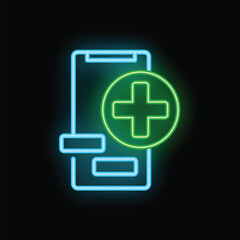 Obraz premium Neon medical app icon glowing with green cross and blue smartphone on dark background