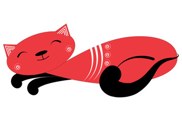 Vector hand drawn cat in traditional russian folk style. Mezen painting. Illustration of red cat in geometric art style on white background