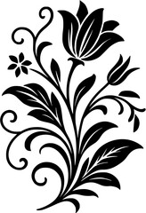 Elegant black and white floral ornament vector design with intricate baroque style swirls, decorative botanical pattern, tattoo art motif, vintage decorative flourish for design and illustration