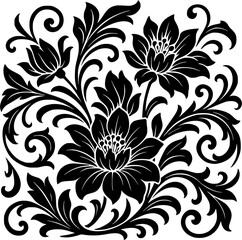 Fototapeta premium Elegant black and white floral ornament vector design with intricate baroque style swirls, decorative botanical pattern, tattoo art motif, vintage decorative flourish for design and illustration