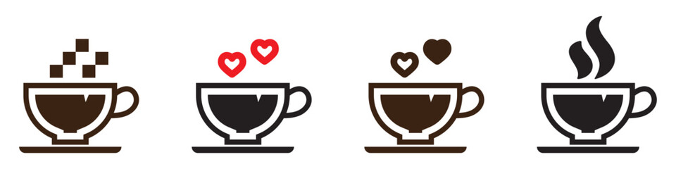 Set of cute coffee cup colored icons isolated on transparent background. Collection includes cups with saucer and steam. Perfect vector illustrations for café menu, hot drinks and coffee shops.