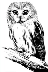 Detailed black and white illustration of an owl perched on a branch, showcasing intricate feather details and a focused gaze.