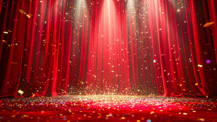 Gritty luxurious red presentation stage curtain with falling confetti under spotlight symbolizing celebration, victory, and transformation 
