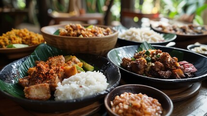 An inviting and delicious feast of various authentic Asian dishes served family-style on a rustic wooden dining table