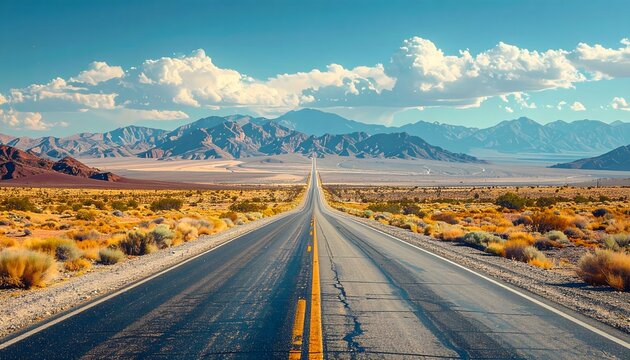 Open desert highway leading to distant mountains under a wide blue sky with clouds, travel concept