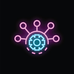 Neon sign representing an automation process with a gear surrounded by a network, symbolizing efficiency and technological advancement