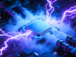 High-performance computer chip with electric energy discharge and cooling system in a futuristic tech environment