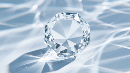 A close-up of a sparkling diamond resting on a reflective surface with light patterns.