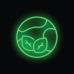 Green neon sign depicting the earth with leaves, symbolizing environmental protection and sustainability