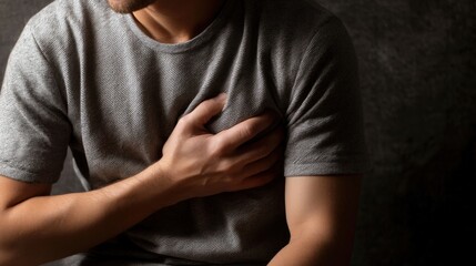 Young man experiencing discomfort, holding his chest in pain, with a serious expression, in a moody lighting environment, on a gray backdrop