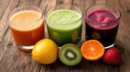 Freshly Squeezed Juices in Glasses on Wooden Table with Fruits
