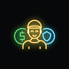 Neon signboard illustrating a delivery man smiling surrounded by a dollar and a shield icons
