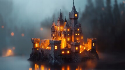 Fototapeta premium Enchanting castle, illuminated by warm light, sits on an island in a misty lake