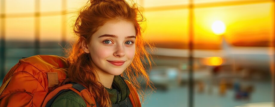 Young Woman with Backpack at Airport During Sunset