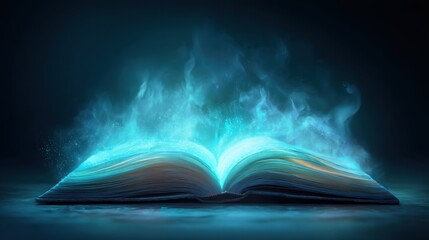 Magical open book with glowing blue and turquoise light emanating from the pages, illustrating creativity and imagination in a mystical setting