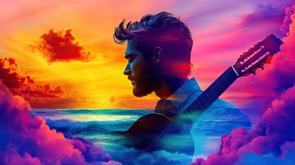 Silhouette of a Man Playing Guitar at Sunset, Guitarist silhouette with colorful smoke background, vibrant rainbow fantasy music art, guitarist silhouette with colorful smoke background in neon light