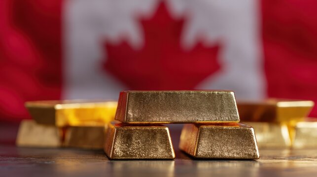 Glimmering gold bars in front of a Canadian flag, symbolizing wealth, investment, and the rich history of gold mining in Canada and its economic significance - Powered by Adobe