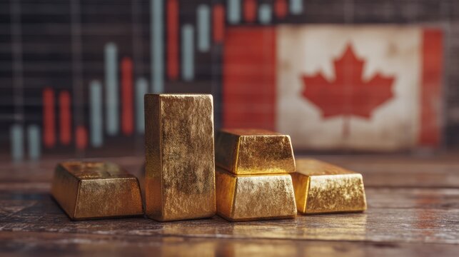 Gold bars resting on wooden table with Canadian flag and stock market graphs in background, symbolizing investment and finance in Canada