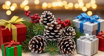 "Festive Christmas & New Year Background with Gifts and Pine Decorations"