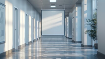 Fototapeta premium Bright and Modern Hallway with Empty Canvas and Greenery