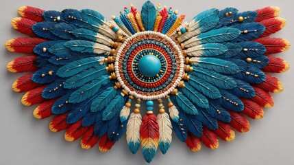 Close up view of a handcrafted dreamcatcher featuring vibrant red, blue, and turquoise feathers and beads arranged in a circular pattern.