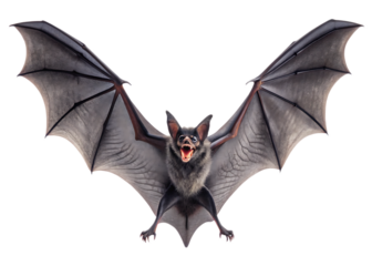 A front view of a bat with its wings spread open and mouth open on a black background looking menacing