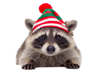 A raccoon wearing a red white and green striped christmas hat with a red pompom on a black background