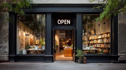 Fototapeta premium Bookshop Cafe Facade, bookstore is open