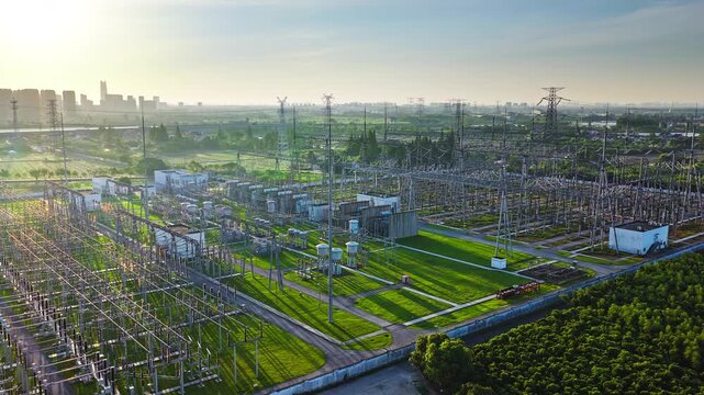 Aerial shot of a high voltage electrical substation with complex grid infrastructure and transmission towers at sunrise 