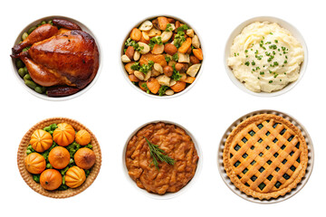 A top down view of six bowls filled with thanksgiving dinner dishes against a black background